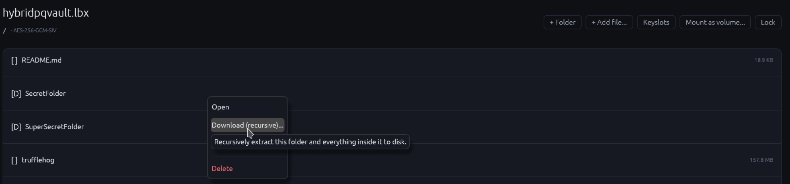 Browser view: sidebar on far left with vault info and lock button, directory tree in middle-left showing root and subfolders, file list on the right showing several files with size and modified date columns, toolbar at top with New folder / Import / Extract / Delete buttons