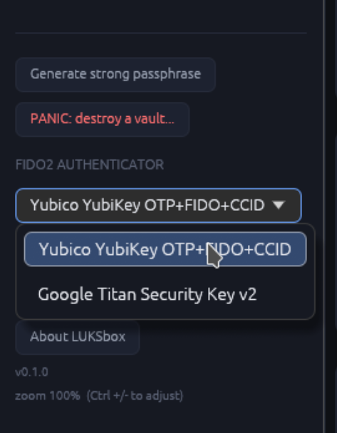 Create form with the keyslot kind dropdown set to FIDO2 (wrap) and a device picker below showing two plugged-in keys with their labels and paths