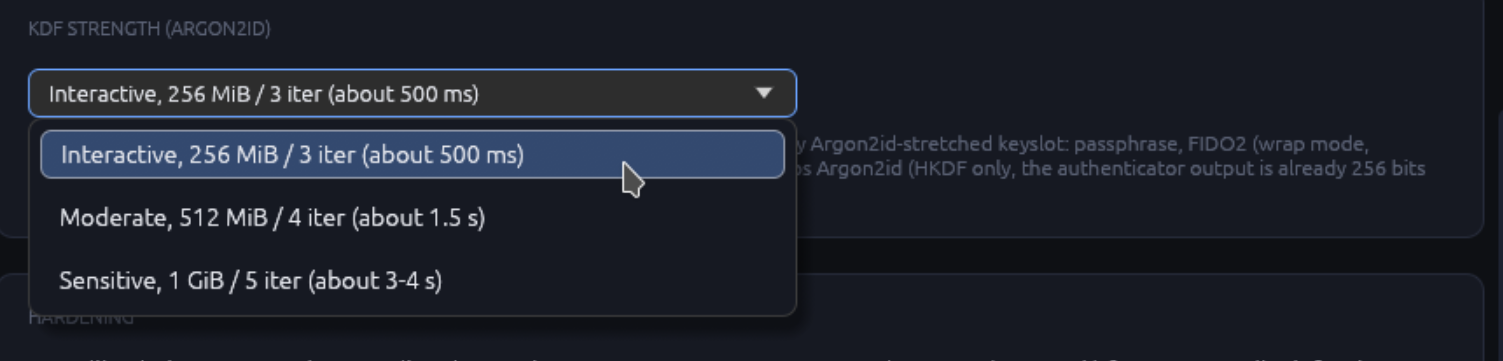 A small benchmark panel inside the Create form showing three rows: interactive at 507 ms, moderate at 1.42 s, sensitive at 2.98 s on the user's CPU