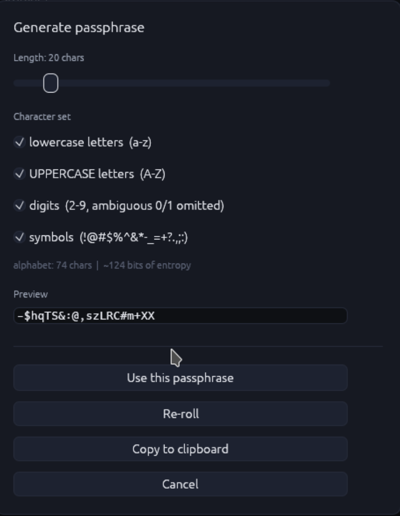 Passphrase generator modal with sliders for length and a checklist for charset (lowercase, uppercase, digits, symbols), a checkbox for exclude-ambiguous, a preview text field, and Generate / Copy / Use buttons