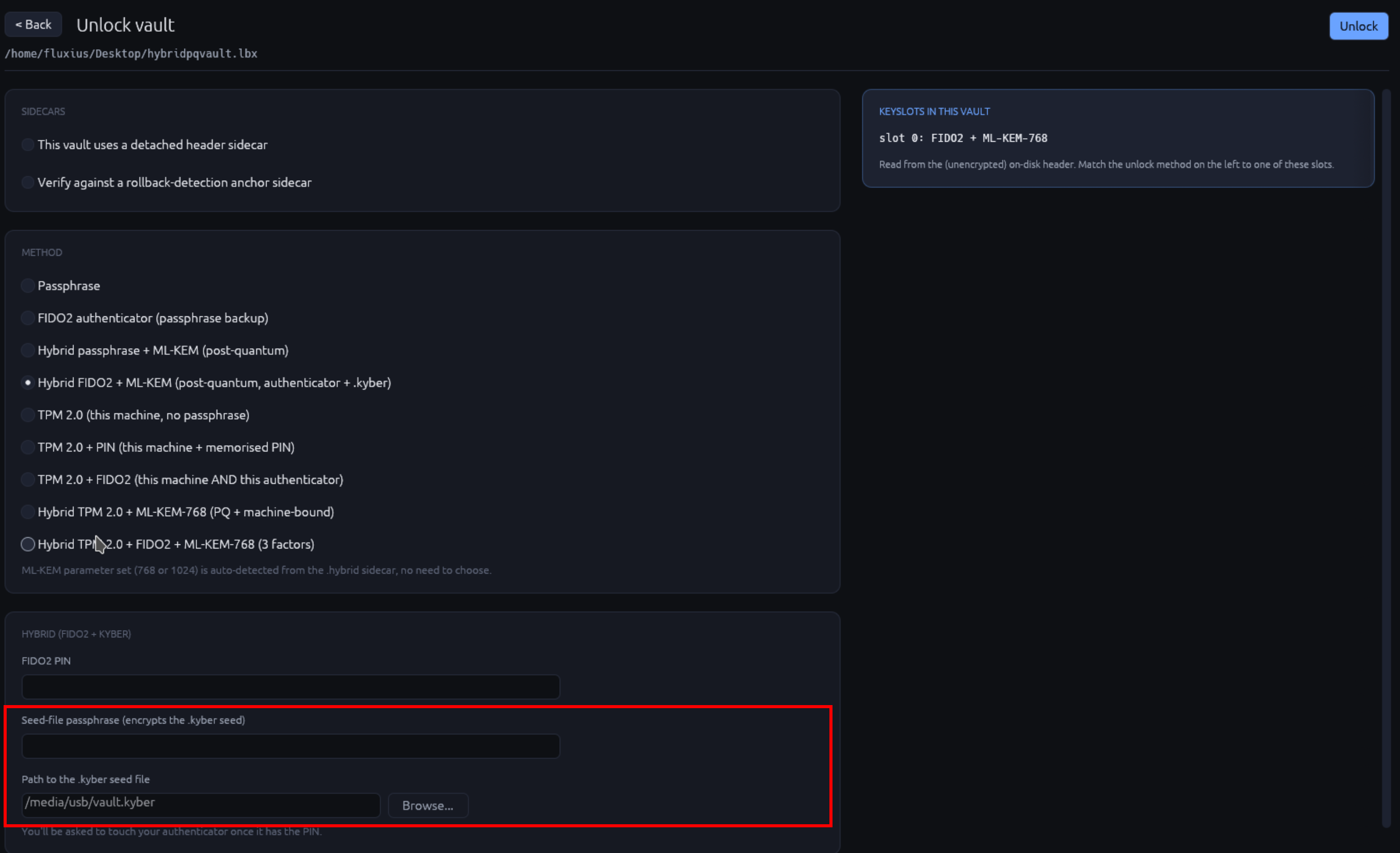 Hybrid-PQ unlock view with vault path, Kyber seed file picker, classical-factor section (passphrase OR FIDO2 device), and an Unlock button