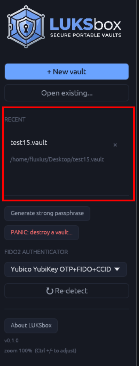 Close-up of the Recent Vaults panel showing two entries with vault path, last-opened timestamp, and a small lock icon next to each