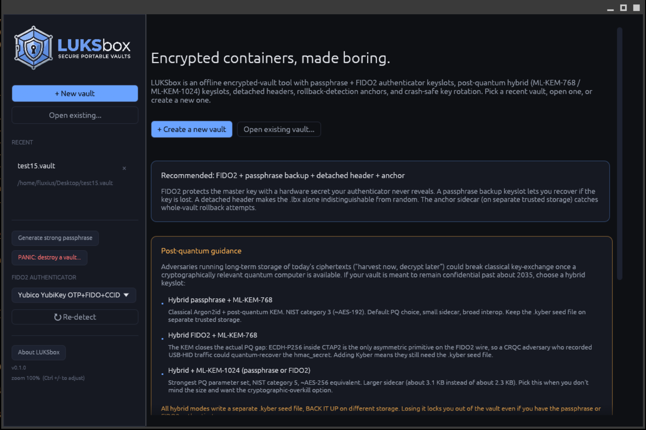 LUKSbox GUI welcome screen showing Create / Open / Recent Vaults options